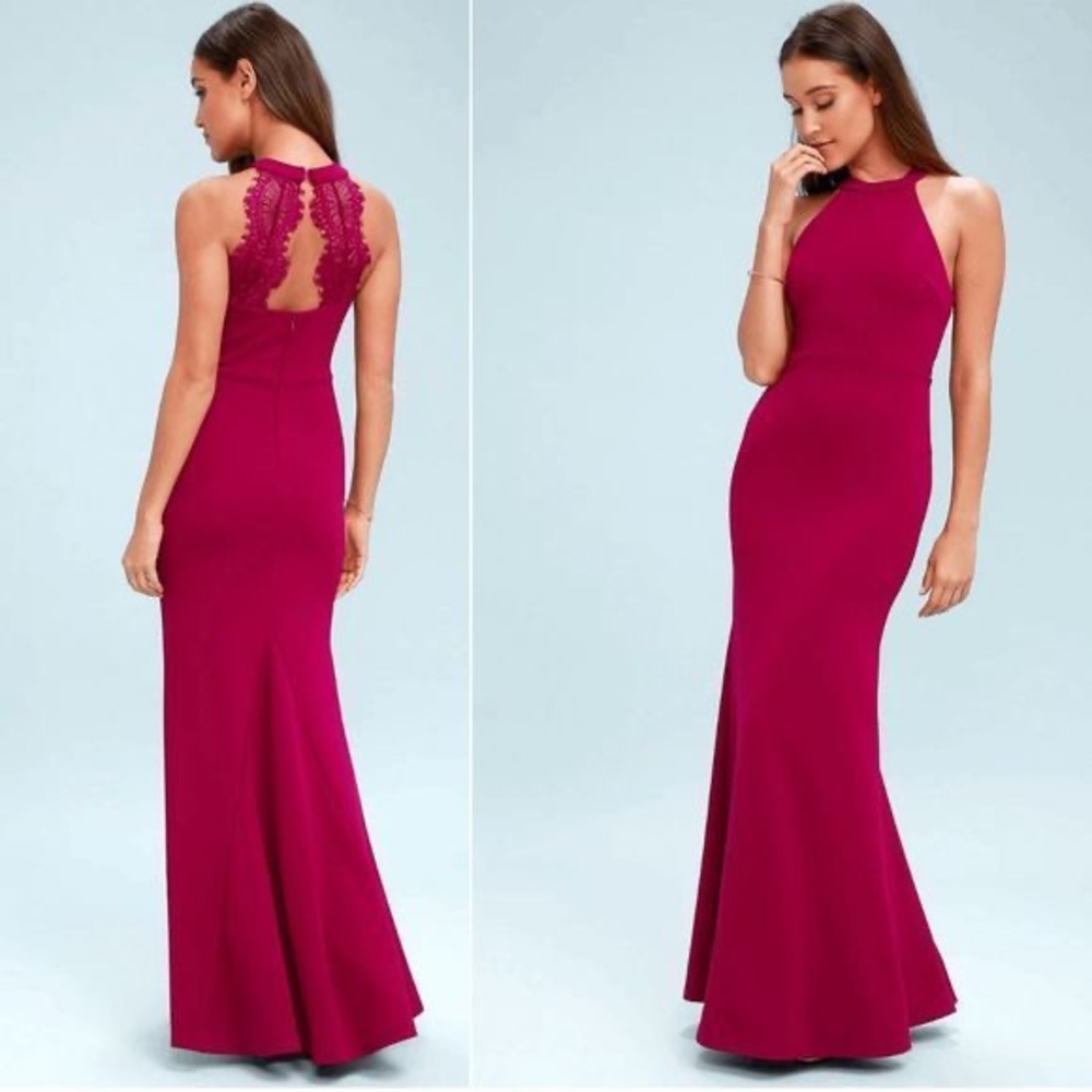 Lulus Joella Berry Red Lace Halter Maxi Bridesmaid Dress XS